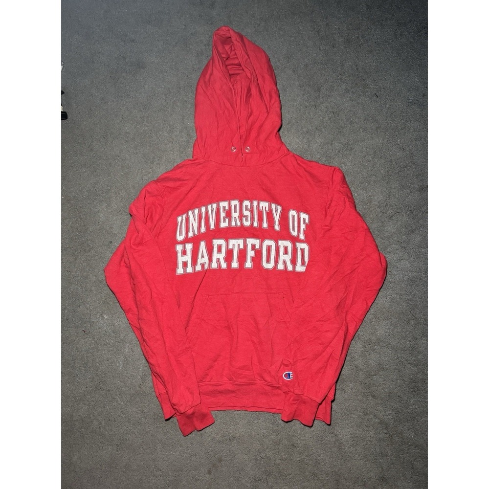 Champion University of Hartford Hoodie Red Small Spellout Sweatshirt